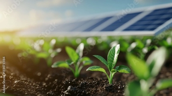 Fototapeta Sustainable Farming Innovation, agrivoltaics combines solar panels with crops, enabling simultaneous agricultural production and renewable energy generation on shared land.