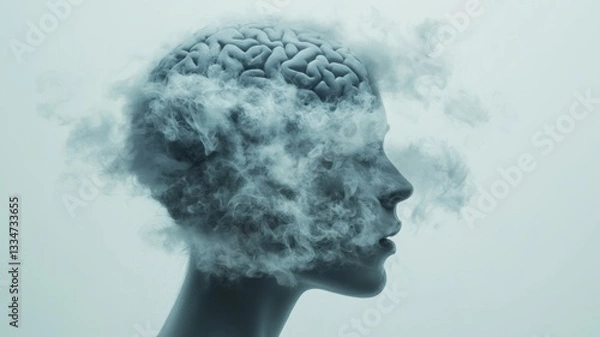 Obraz Abstract visualization of brain fog, featuring a human head silhouette with a clouded brain, symbolizing challenges in thought, focus, and mental clarity.