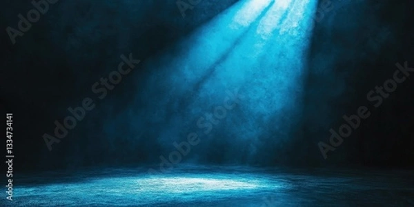 Fototapeta Dramatic lighting casts a vibrant blue glow across a dark, moody interior. A captivating play of light and shadow