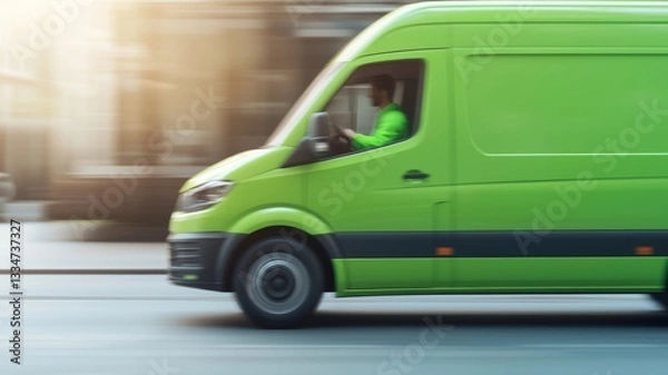 Fototapeta Green logistics for sustainable transportation, featuring electric vehicles and eco-friendly vans, focused on efficient and environmentally conscious delivery solutions.