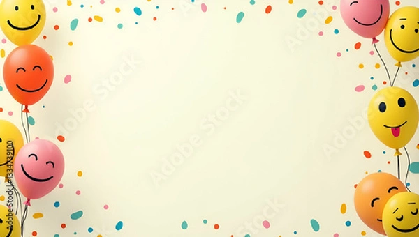 Fototapeta Celebrate International Day of Happiness: A Vibrant Frame of Smiley Faces and Colorful Balloons with Ample Copy Space for Your Joyful Messages!