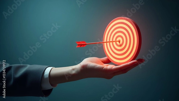 Fototapeta Achieve Business Goals: Holographic Target with Arrow in Bullseye