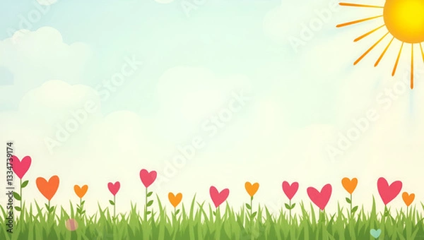 Fototapeta International Day of Happiness border with playful hearts and sunshine providing space for quotes concept as Happiness frame featuring playful hearts and sunshine for quotes in  Photo Stock  Concept  