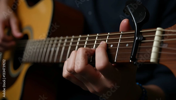 Fototapeta Close up of man hand playing guitar illustrating musical creativity and craftsmanship in performance context. concept as Close up of mans hand playing guitar illustrating musical creativity and crafts