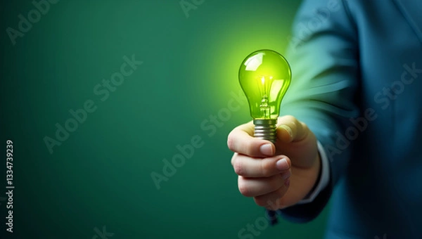 Fototapeta Illustration of a Man Holding a Green Energy Light Bulb: Symbolizing Environmentally Friendly Technology and Sustainable Energy Sources with Clean Circular Energy Concepts