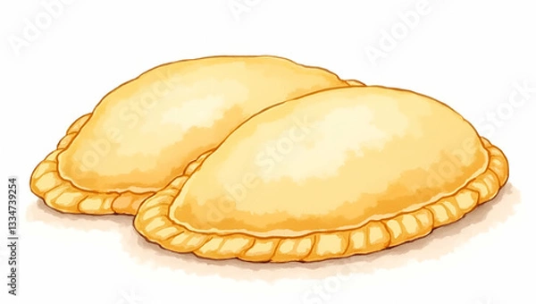 Fototapeta Watercolor Clipart of Flat Empanadas: Vibrant Hispanic Pastry Illustrations with Crisp Outlines and Golden Brown Color on White Background for Creative Projects