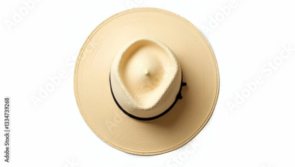 Fototapeta Flat Top view of straw hat placed on white background emphasizing summer fashion and simple elegance. concept as Straw hat viewed from above on white background highlighting summer fashion and simple 