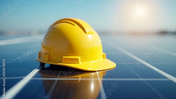 Fototapeta Yellow safety helmet on solar cell panel concept as A yellow safety helmet placed on solar cell panels emphasizing safety and renewable energy. in  Photo Stock  Concept  and empty space on the left si