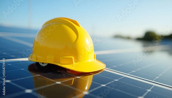Fototapeta Bright yellow safety helmet placed on solar cell panel symbolizing safety measures in renewable energy projects concept as Yellow safety helmet on solar cell panel representing safety protocols in ren