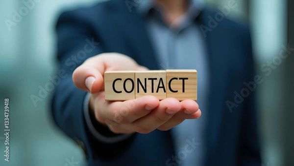 Fototapeta Effective Online Business Communication: A Businessman Holding Wooden Blocks with Contact Icons - Elevate Your Customer Interaction with Professional Strategies in a Simple Flat Design