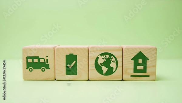 Fototapeta Flat Wooden blocks with green net zero icons representing climate neutrality carbon emissions reduction and sustainability strategy. concept as Scene conveys simplicity and clarity in visualizing carb