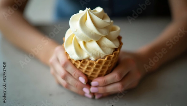 Fototapeta Flat Womans hands holding a melting ice cream waffle cone capturing the moments delicacy and sweetness. concept as Womans hands holding a melting ice cream waffle cone capturing delicacy and sweetness