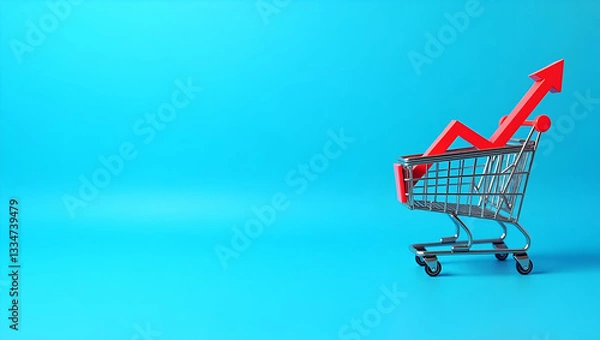 Fototapeta Shopping trolley with red chart falling down on blue background copy space. Economic recession crisis core retail sales decrease inflation or goods price up concept. concept as Image of a shopping tro