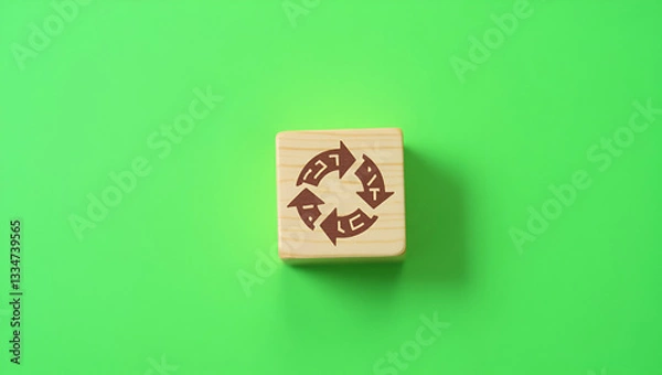 Fototapeta Exploring the Circular Economy: Wooden Cubes Symbolizing Sustainable Business Growth and Resource Reuse on a Green Background - A Concept for Future Design and Renewable Materials