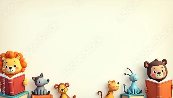 Fototapeta Cute International Childrens Book Day border with toy animals and storybooks offering space for messages concept as Cute book day frame featuring toy animals and storybooks providing space for message