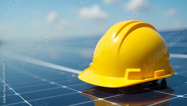 Fototapeta Bright Yellow Safety Helmet on Solar Panel: Symbolizing Safety Protocols in Renewable Energy Projects - Stock Photo Concept with Empty Space for Customization