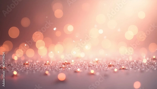 Fototapeta Soft Glittering Rose Gold and Silver Lights: A Pastel Themed Abstract Background for Elegant and Festive Visuals with Defocused Elements and Empty Space on the Left Side in Photo Stock Concept