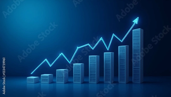 Fototapeta Widescreen abstract financial graph with uptrend line and bar chart of stock market on blue background symbolizing financial growth and market trends. concept as Widescreen abstract financial graph wi