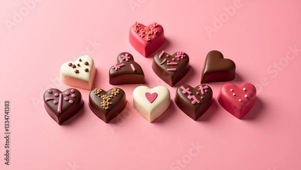 Fototapeta Assorted heart shaped chocolates on pink background perfect for Valentines Day celebrations romantic themes. concept as Assorted heart shaped chocolates elegantly arranged on a pink background perfect