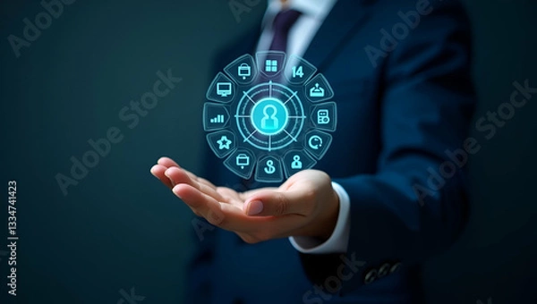 Fototapeta Flat Hand Reviewing Holographic Business Audit Device: Analyzing Compliance Target Data with Cute Vector Illustrations for Smart Business Insights in Empty Space