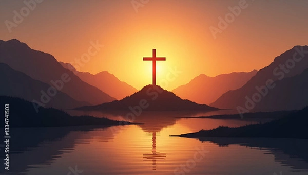 Fototapeta Cross Silhouette on Mountain at Sunset: A Serene Landscape Reflecting Faith, Spirituality, and Nature's Tranquility - Perfect for Photo Stock with Empty Space