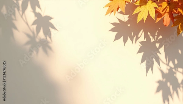 Fototapeta Empty wall background with sunlight superimposed shadow leaves on the wall autumn background template for product presentation concept. concept as Empty wall with sunlight casting leaf shadows creatin