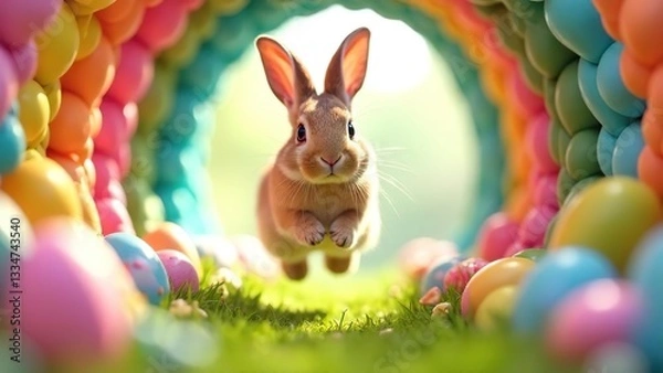 Obraz Bunny Leaping through Easter Egg Tunnel. Easter concept