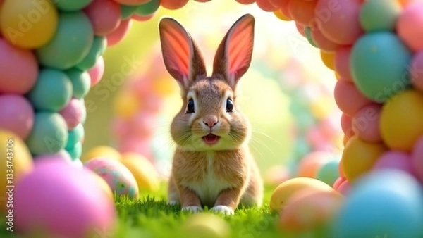 Obraz Bunny smiling through Easter Egg Tunnel. Easter concept