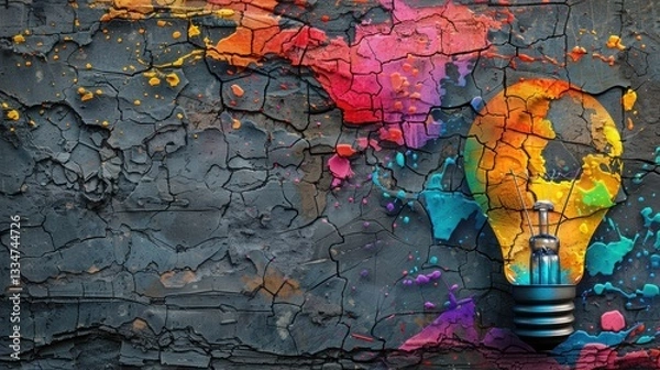 Fototapeta Colorful Light Bulb with Paint Splashes on Cracked Concrete Wall