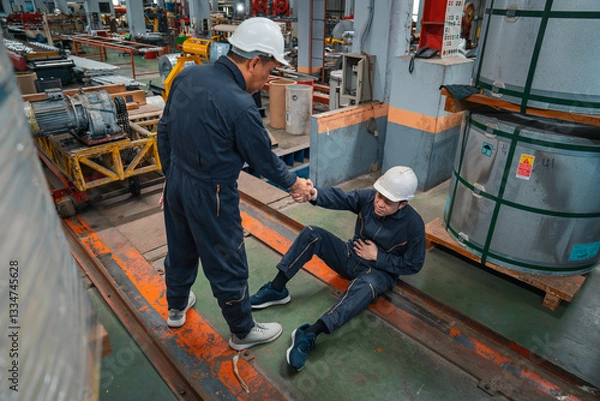 Obraz A man got factory accident serious industrial injury. Ensuring workplace safety helps prevent occupational injuries from machinery accidents, safety violations, and hazardous work environments.