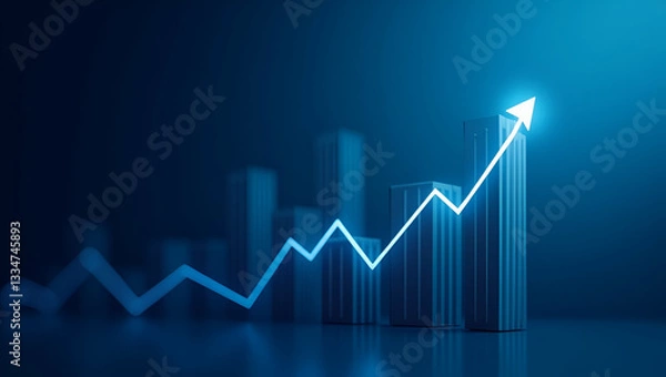 Fototapeta Widescreen abstract financial graph with uptrend line and bar chart of stock market on blue background symbolizing financial growth and market trends. concept as Widescreen abstract financial graph wi