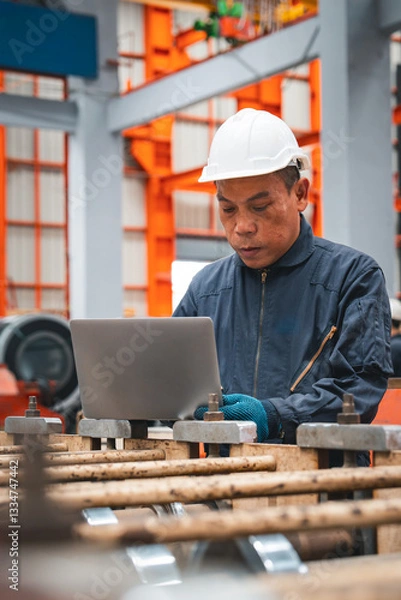 Obraz A professional engineer is working seriously on a laptop to check the metal sheet production in a factory. Focused on machinery, he ensures manufacturing quality in the industry.