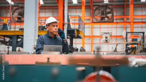 Obraz A professional engineer is working seriously on a laptop to check the metal sheet production in a factory. Focused on machinery, he ensures manufacturing quality in the industry.