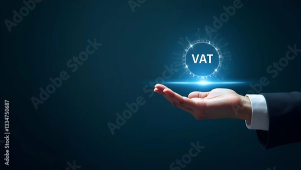 Obraz Flat Hand Interacting with Holographic Device for VAT Exemption Rules: A Simple Vector Illustration Emphasizing Compliance and Correct Application in a Cute Business Style