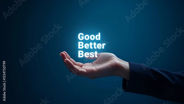 Fototapeta Flat Hand highlighting Best in holographic Good Better Best sequence on blue background in empty space concept as Hand uses magnifying glass to highlight Best in Good Better Best sequence representing