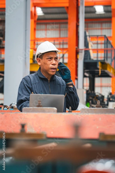 Obraz A professional engineer is working seriously on a laptop to check the metal sheet production in a factory. Focused on machinery, he ensures manufacturing quality in the industry.