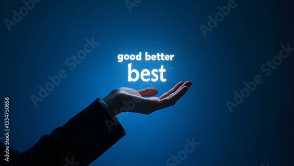 Obraz Flat Hand with Magnifying Glass Highlights 'Best' in Holographic Good-Better-Best Sequence on Blue Background