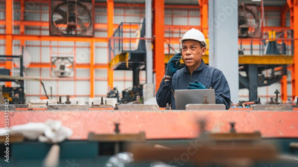 Obraz A professional engineer is working seriously on a laptop to check the metal sheet production in a factory. Focused on machinery, he ensures manufacturing quality in the industry.