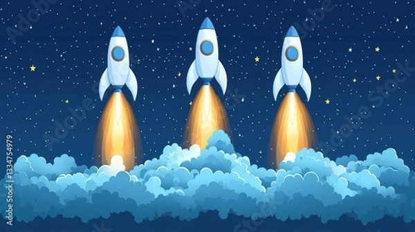 Fototapeta Three Rockets Launching Into Space Against a Starry Night Sky With Clouds Below
