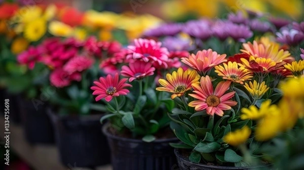 Fototapeta Eye-Level Close-Up Shot of a Variety of Multicolored Flowers in Black Pots Creating a Vibrant Floral Display