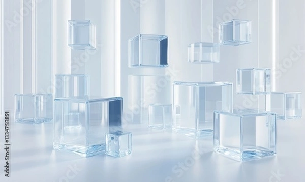 Fototapeta Glass cubes in abstract white space, ideal for modern background