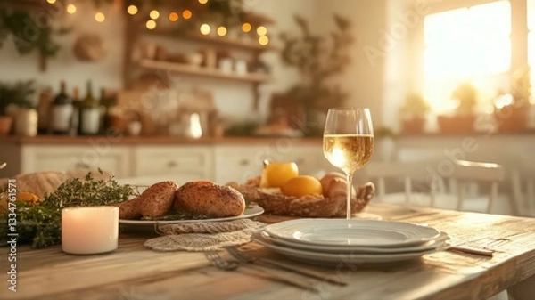 Fototapeta Rustic Kitchen Table Setting with Warm Sunlight and White Wine