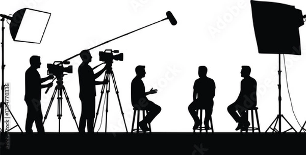 Fototapeta Black silhouette of a film production scene with a camera operator, boom mic holder, and three crew members seated, capturing a behind-the-scenes interview or talk show setup