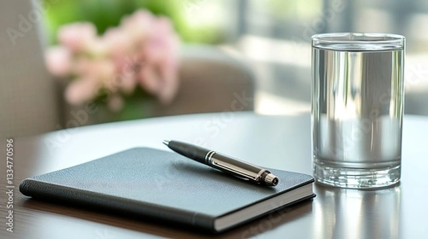 Fototapeta Closeup of Gray Notebook Pen and Glass of Water on Wooden Desk