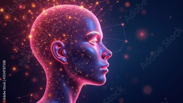 Fototapeta Futuristic glowing ai head connected with data network, futuristic interface of human mind, concept of technology, science