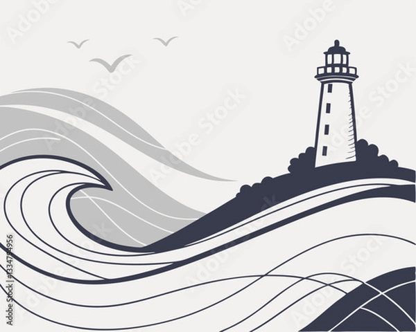 Fototapeta Minimalist vector illustration of a lighthouse on a hill with abstract flowing ocean waves and flying birds. Monochrome black and gray tones emphasize calmness, guidance, and maritime theme.