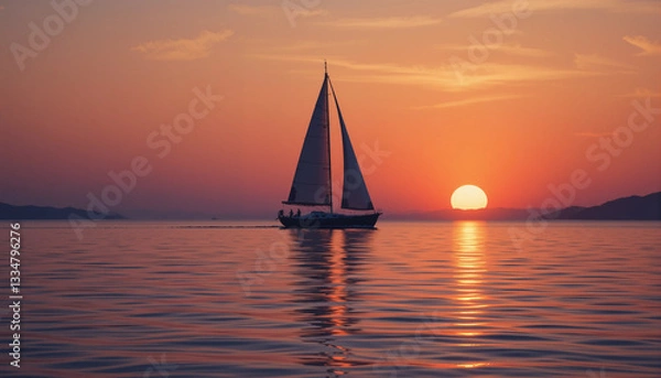 Fototapeta Sailboat gliding on calm waters at sunset with a stunning sky and glowing sun