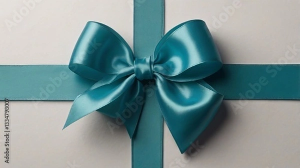 Obraz Blue Ribbon, Blue ribbon bow on present background with festive decorations, Close-up picture of blue ribbon on white present isolated on white background