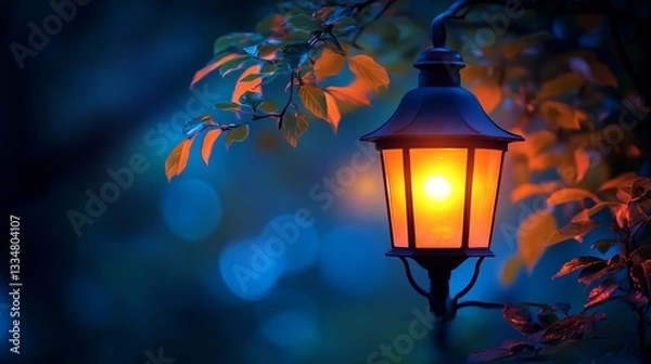 Fototapeta Warm orange glow from a vintage lantern amidst twilight leaves in a serene garden setting
