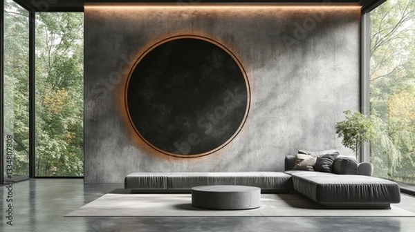 Fototapeta Modern living room design featuring minimalist furniture and a large circular wall art in a serene setting